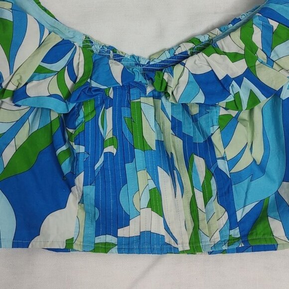 Anthropologie Maeve Top M Blue Puff Sleeve Ruffle Crop Top  V-Neck  Smocked - Picture 5 of 9